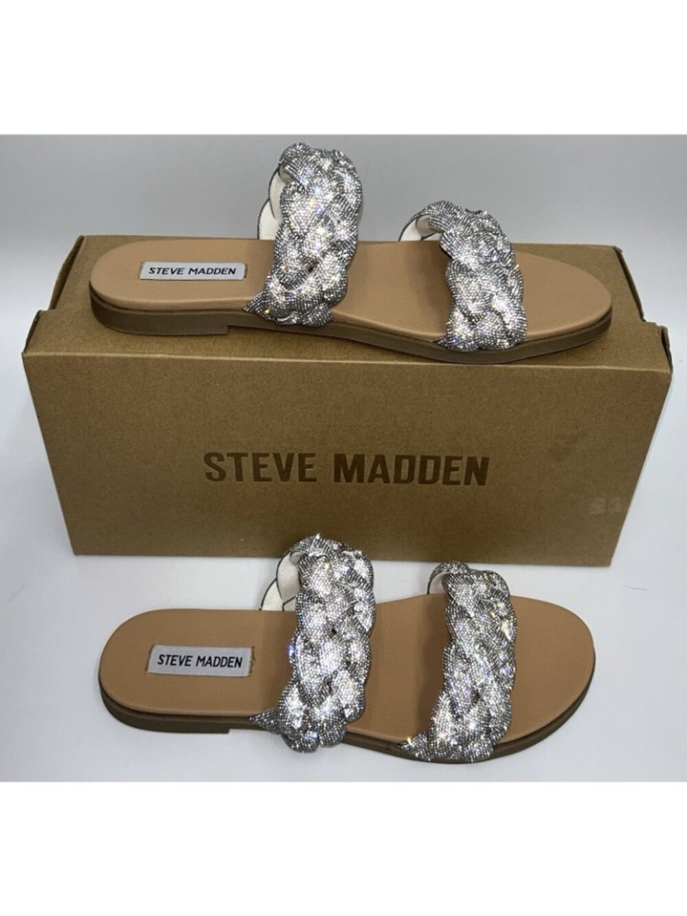 Steve Madden Slide Sandals Braided Rhinestone Silver Bling Women 9.5 MINT W/box - Picture 4 of 14